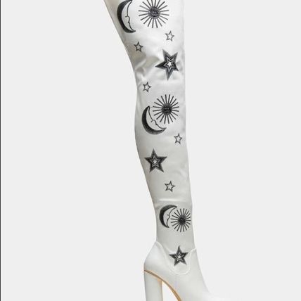 Moon Star Sun White Boots Black Embroidery Heel UK 6