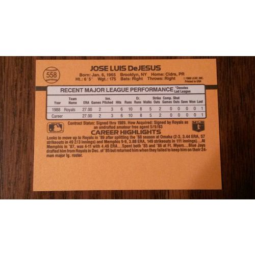 1989 Donruss Card # 558 Jose DeJesus Near Mint (7) Kansas City Royals