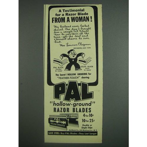 1943 Pal Hollow-Ground Razor Blades Ad - Testimonial From a Woman!