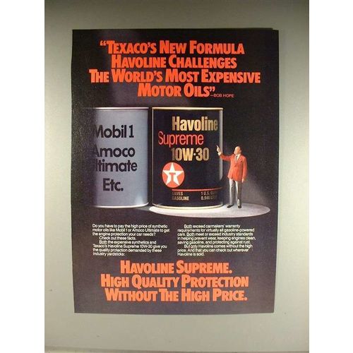1985 Texaco Havoline Motor Oil Ad w/ Bob Hope!