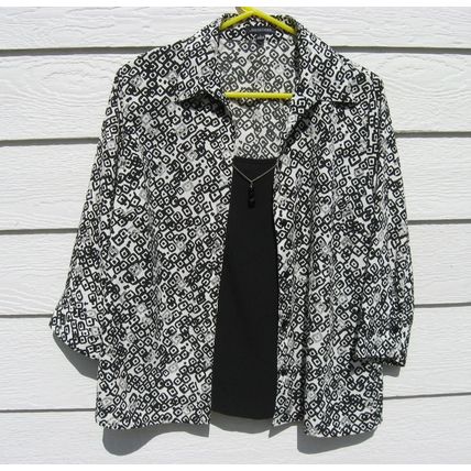 Womens Notations Top Blouse Large 42 Chest Black White Blazer Faux Front
