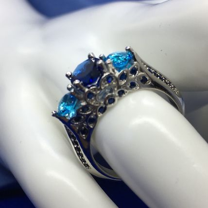 Ring 925 Sterling Silver Dark Blue Aqua Crystals #225 USA Seller