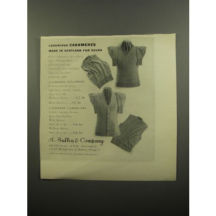 1951 A. Sulka Cashmere Sweaters Ad - Luxurious Cashmeres made in Scotland