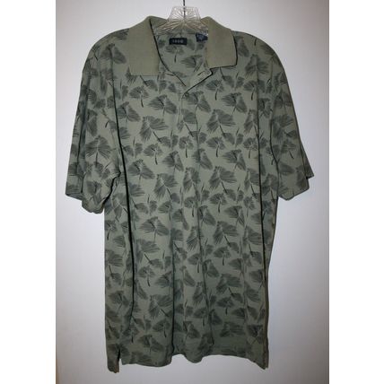 IZOD Men's V Neck Gray Green Palm Frond Cotton Blend Polo Shirt Size Large