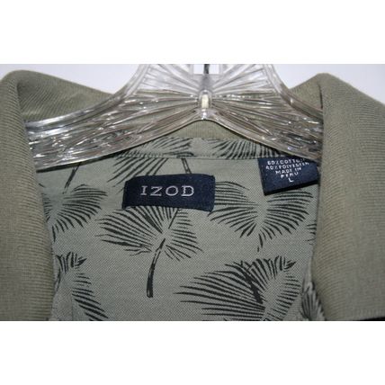 IZOD Men's V Neck Gray Green Palm Frond Cotton Blend Polo Shirt Size Large