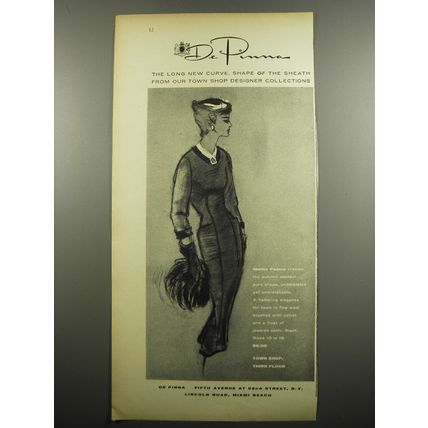 1955 De Pinna Mollie Parnis Dress Ad - The long new curve, shape of the sheath
