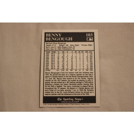 Bernard "Benny" Bengough 1991 The Sporting News Conlon Collection NO. 103