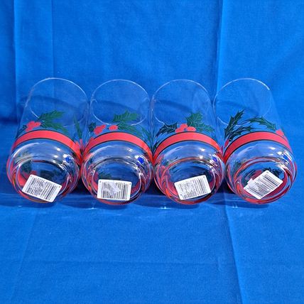 Lot 4 LIBBEY HOLLY & BERRIES 16oz Glass Flat TUMBLERS Christmas Cooler Water