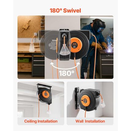 VEVOR Retractable Extension Cord Reel, 50 FT Heavy Duty 14AWG/3C SJTOW Power Cor
