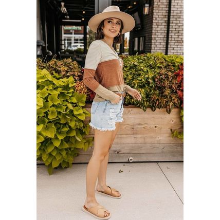 Orange Striped Color Block Henley Top