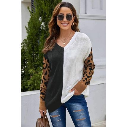 Leopard Print Contrast Color V Neck Sweater
