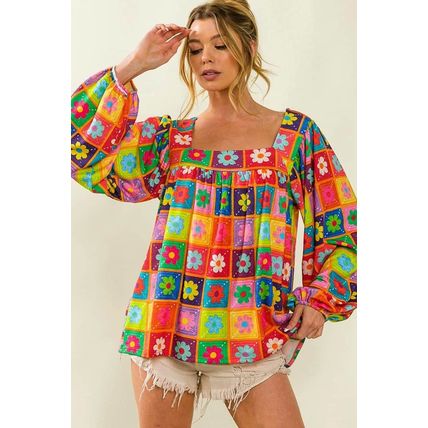 Multicolor Floral Crochet Square Neck Puff Sleeve Blouse