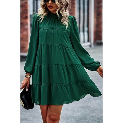 Green Puff Sleeve Mock Neck Back Knot Tiered Dress