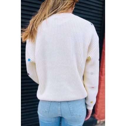 Beige Sequin Heart Shape Waffle Knit Round Neck Sweater