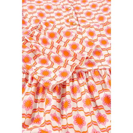 Orange Floral Print Flounce Sleeve Buttoned Front Mini Dress