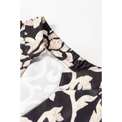 Black Retro Floral Mixed Print Split Neck A-line Dress