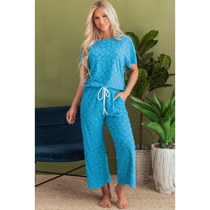 Blue Leopard Jacquard Short Sleeve Top and Wide Leg Pants Set