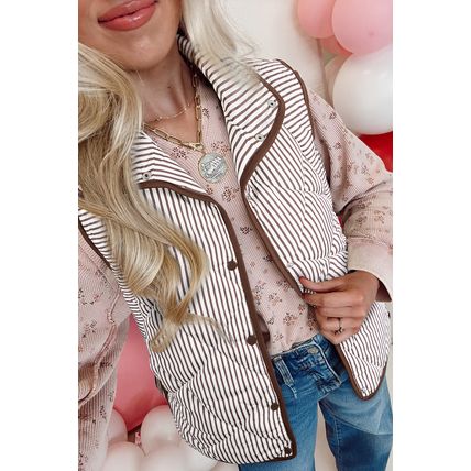 Brown Stripe Snap Button Scalloped Hem Collared Winter Vest