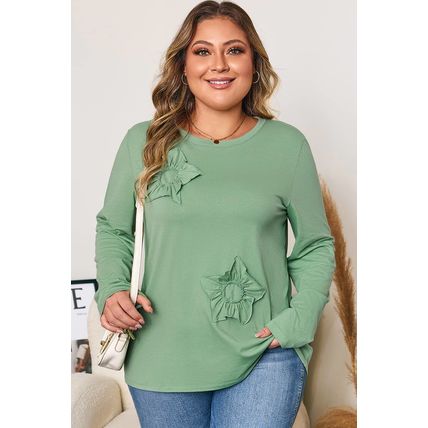 Grass Green Flower Applique Mineral Wash Plus Size Top