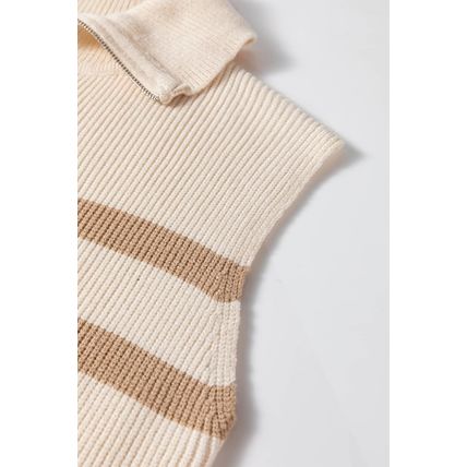 Khaki Stripe Ribbed Half Zip Collared Sweater Vest
