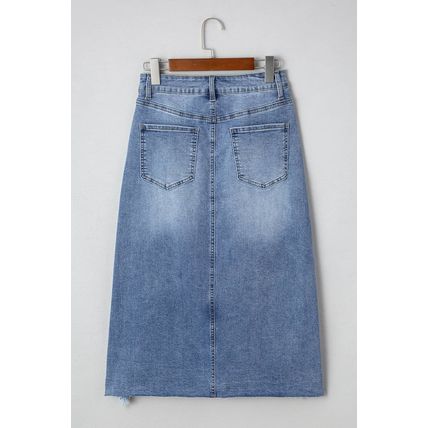 Myosotis Irregular Distressed Bottom Denim Midi Skirt