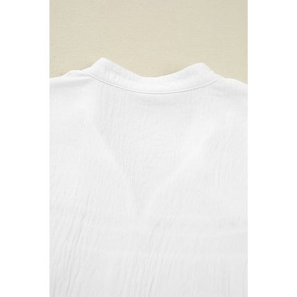 White Drawstring Lace Detail Puff Sleeve Split Neck Spring Fall Blouse