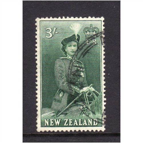 NEW ZEALAND 1954 SG734 3s BLUISH GREEN QUEEN ELIZABETH II FINE USED