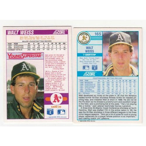 Lot of Two 1989 Score Walt Weiss cards #165, Young Superstar #20 – Athletics