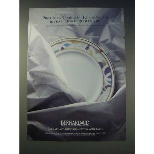 1989 Bernardaud Paris China Ad - Pigeons en Croute ou Jambon Salade