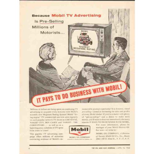 MOBIL OIL COMPANY 1962 TV advertising pre-selling motorists vintage ad
