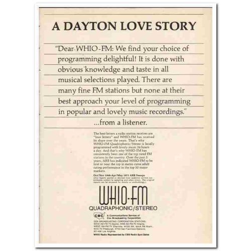 WHIO FM 1973 Dayton OH Quadraphonic Stereo love story media vintage ad