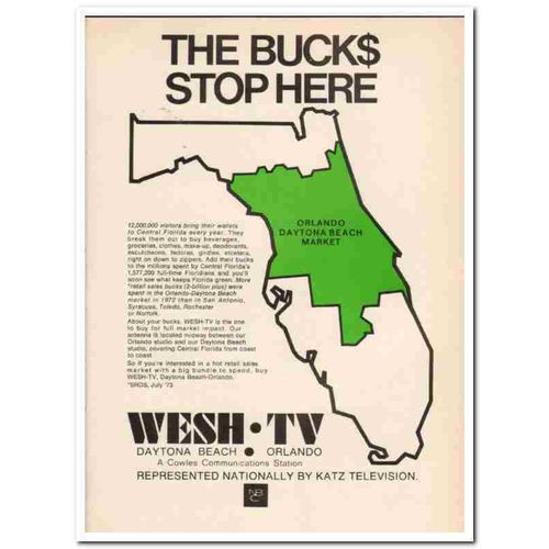 WESH-TV 1973 Orlando Daytona Beach FL bucks stop here media vintage ad