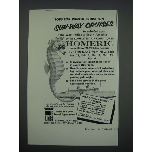1957 Home Lines Cruises Ad - Tops for winter cruise fun sun-way cruises