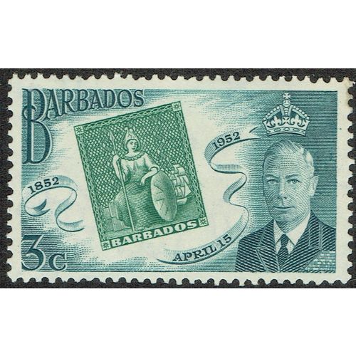 Barbados 1952 Stamp Centenary 3c Green and Slate Green SG285 MM