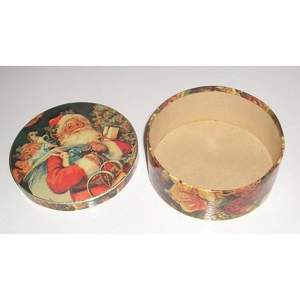 Decoupage Round Cardboard Gift Box with Victorian Santa Christmas display