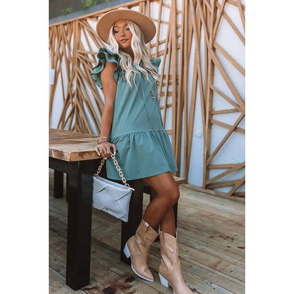 Green Tiered Ruffled Sleeves Mini Dress with Pockets