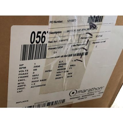 MARATHON ELECTRIC 8517090 THREE PHASE MOTOR,1HP,MARATHON LQL56T28F15506A B,AV