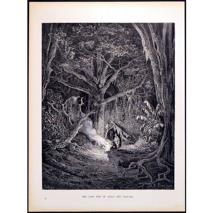 CAMP FIRE OF ATALA AND CHACTAS 1885 Gustave Doré ANTIQUE ENGRAVING