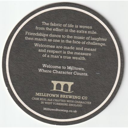 BEER MAT - MILLTOWN BREWING CO - WHERE CHARACTER COUNTS - (Cat No 004) - (2015)