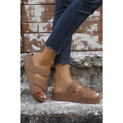 Brown Linen Woven Cross Criss Hollowed Slip-On Slippers