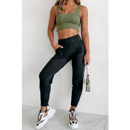 Black Exposed Seam High Waist Pocketed Joggers