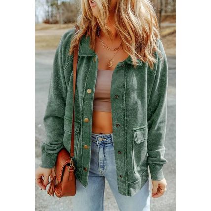 Green Vintage Washed Flap Pocket Button Shacket