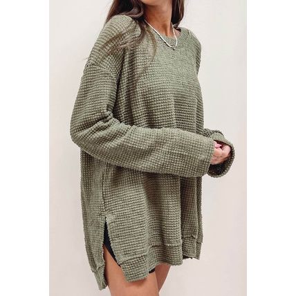 Moss Green Plus Size Textured Knit Long Sleeve Top