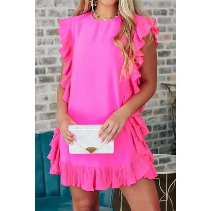 Bright Pink Solid Ruffled Edge Keyhole Back Mini Dress
