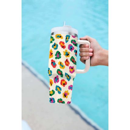 White Multi Color Leopard Print Handle Stainless Tumbler 40oz