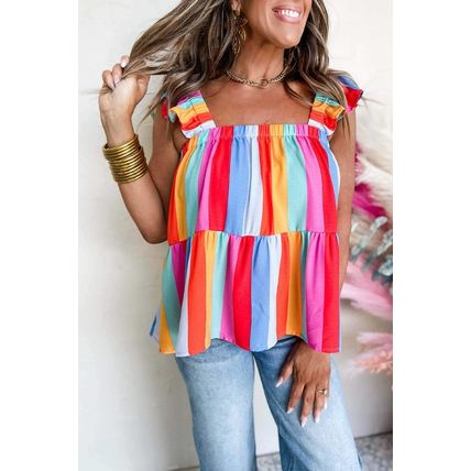 Red Stripe Ruffled Straps Babydoll Tank Top