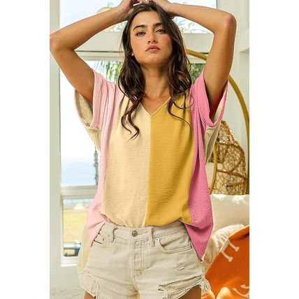 Apricot Crinkled Colorblock Patchwork V Neck T Shirt