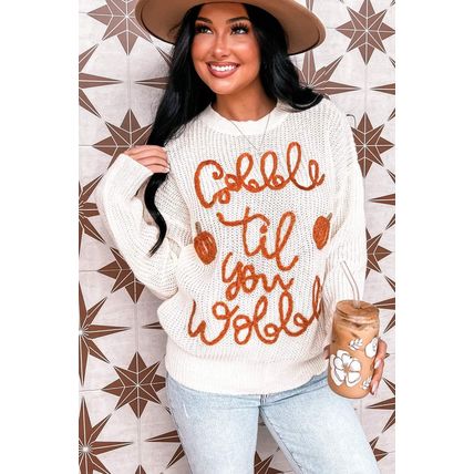 White Gobble Til You Wobble Pop Up Crochet Plus Size Sweater