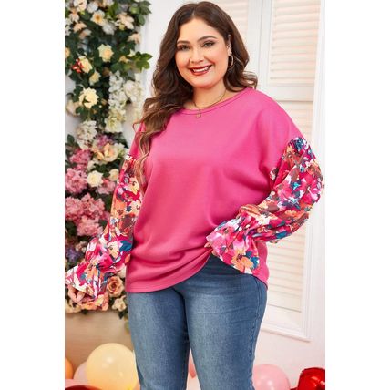 Bright Pink Floral Patchwork Flounce Sleeve Rib Knit Plus Top
