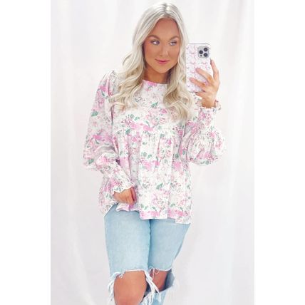 Pink Floral Print Shirred Balloon Sleeve Keyhole Back Babydoll Blouse